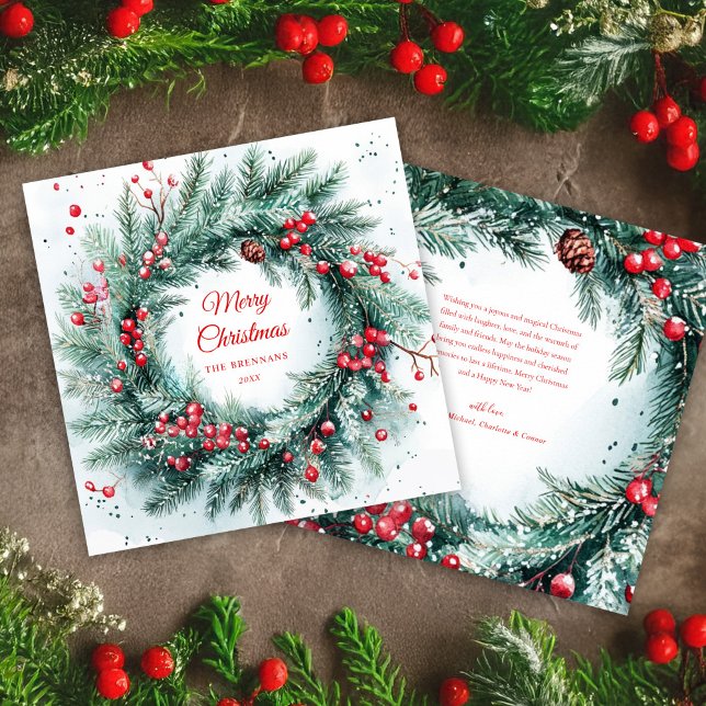 Cartão De Festividades Vermelhos Vermelhos Wreath Holly Elegante (Green Red Christmas Wreath Holly Elegant Holiday Card)