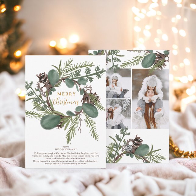Cartão De Festividades Verruga Verde Moderna 3 fotos Natal (Modern Bold green wreath 3 photos Christmas Holiday Card)