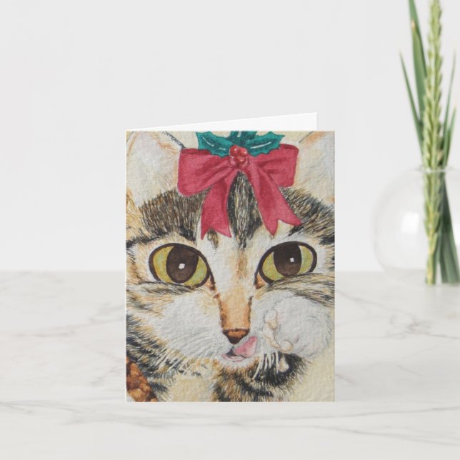 Cartão De Festividades very cute gray tabby kitten with red bow festive (Frente)