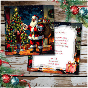 Cartão De Festividades Véspera de Natal Papai Noel e Menino Pequeno Vinta