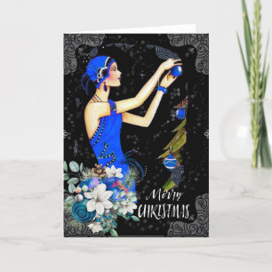 Cartão De Festividades Vestido Azul de Natal Vintage dos Anos 20 Mulher D