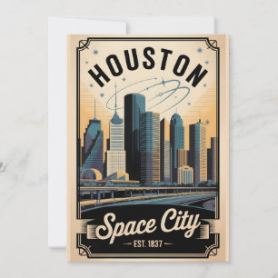 Cartão De Festividades Viagem Retro Houston Texas Cidade Espacial Vintage