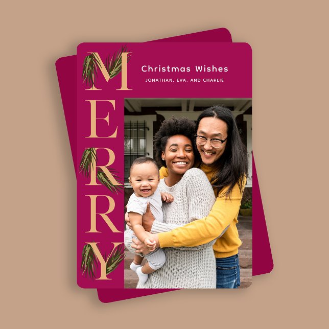 Cartão De Festividades Vibrant Berry Feliz Pine Foto Natal (Criador carregado)