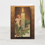 Cartão De Festividades Victorian Angel and Candlelight Christmas<br><div class="desc">Beautiful Victorian angel on a Christmas tree branch adjusting a glowing candle.  Perfect message and memorabilia for the lover of vintage art!  This image available on additional products.</div>