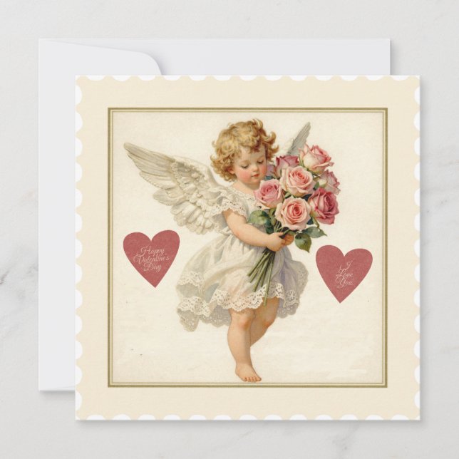 Cartão De Festividades Victorian Cherub with Roses – Valentine’s Day (Frente)