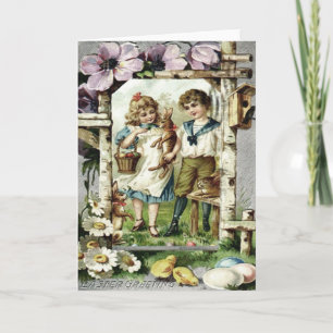 Cartão De Festividades Victorian Children Easter Bunny Chick Egg Birdhous
