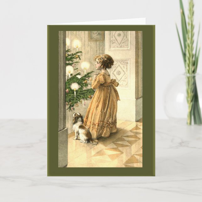 Cartão De Festividades Victorian Christmas Tree and LIttle Girl Cards (Frente)