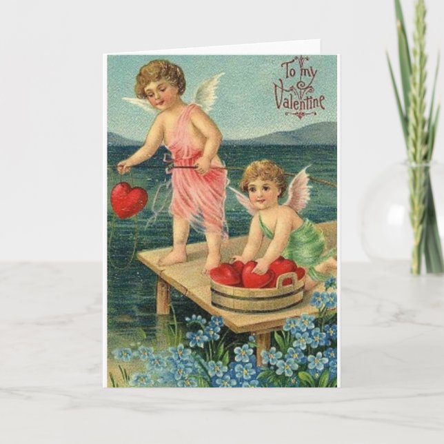 Cartão De Festividades Victorian Cupid Heart Fishing Valentine's Day Card (Frente)