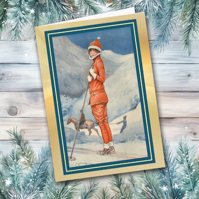 Cartão De Festividades Victorian French Ski Slope Christmas Card (Criador carregado)
