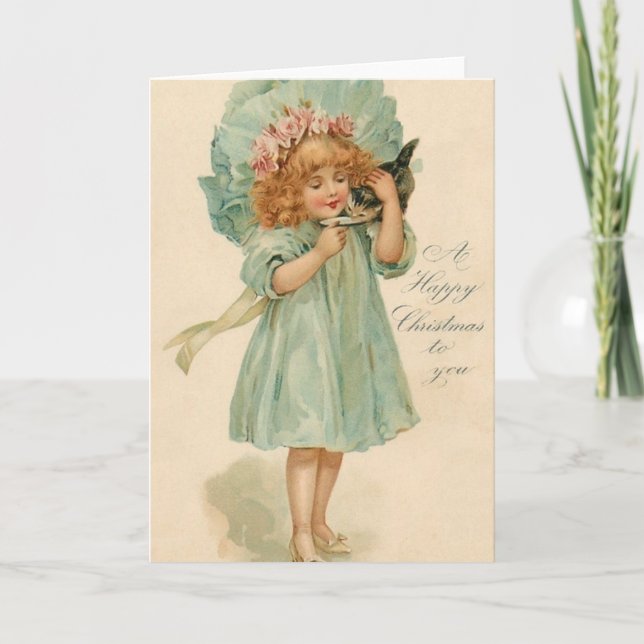 Cartão De Festividades Victorian Girl And Kitten Christmas Greeting Card (Frente)