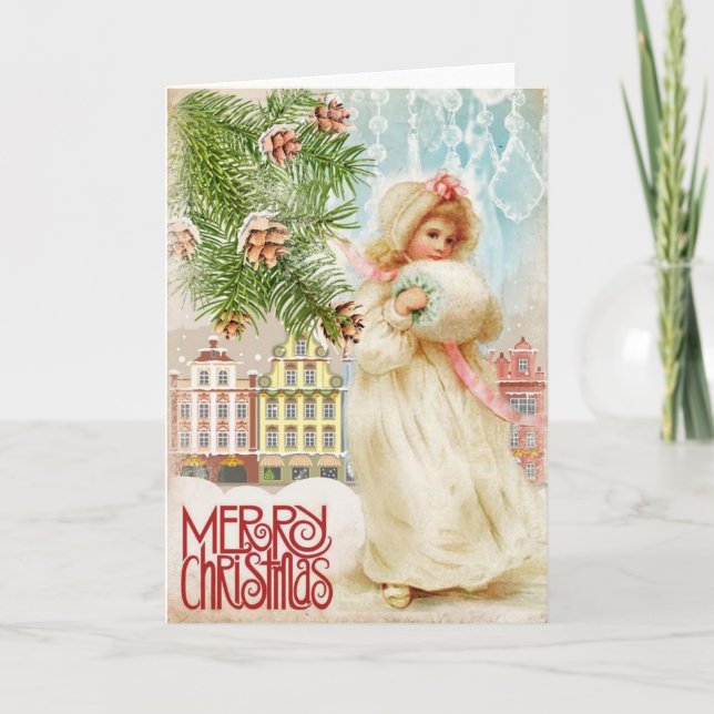 Cartão De Festividades Victorian Girl in Fur Coat Christmas Card (Frente)