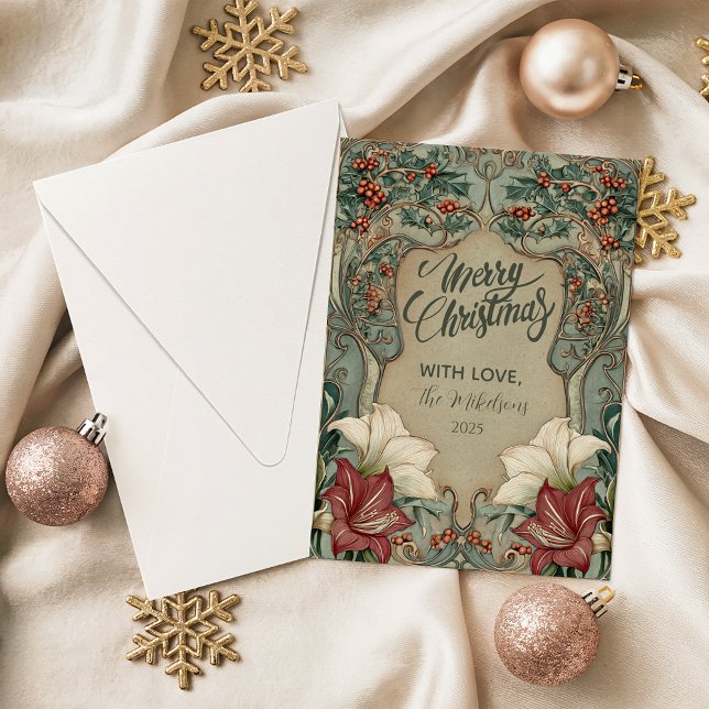 Cartão De Festividades Victorian Holly & Amaryllis Christmas (Criador carregado)