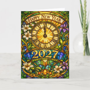 Cartão De Festividades Vidro Colorido Floral Ano Novo 2027