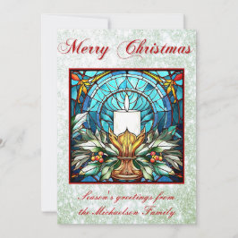 Cartão De Festividades Vidro De Vidro Manchado Vela Holly Green Glitter