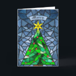 Cartão De Festividades Vidro escondido na árvore natal vintage<br><div class="desc">Estes bonitos cartões de saudação de Natal dobrados de 5" x 7" apresentam um design de vidro colorido de água feito com uma mão com uma árvore de Natal com uma estrela dourada com ornamentos vermelhos com fundo em tons de azul. A saudação editável é "Feliz". O verso tem a...</div>