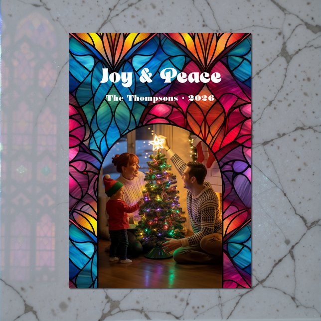 Cartão De Festividades Vidro Esperto e Paz Foto de Natal (Stained Glass Window Joy & Peace Christmas Photo Holiday Card)