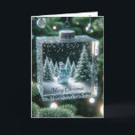 Cartão De Festividades Vidro Natal Snowman Ornament<br><div class="desc">Uma cena festiva de boneco de neve é capturada por dentro um enfeite espumante de uma árvore de Natal cercada por luzes cintilantes e texto Feliz de Natal</div>
