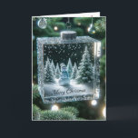 Cartão De Festividades Vidro Natal Snowman Ornament<br><div class="desc">Uma cena festiva de boneco de neve é capturada por dentro um enfeite espumante de uma árvore de Natal cercada por luzes cintilantes e texto Feliz de Natal</div>
