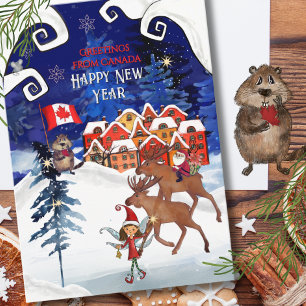 Cartão De Festividades Vila Canadense Caprichosa e Ano Novo de Alce