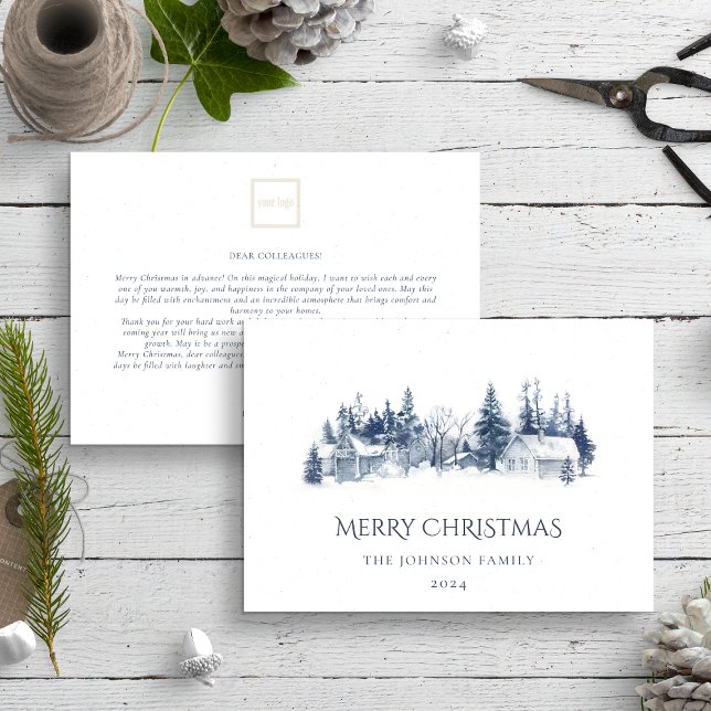 Cartão De Festividades Vila de inverno Blue Non Photo Business (Criador carregado)