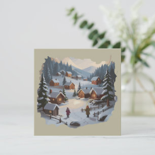 Cartão De Festividades Vila de Inverno do Natal Retro Montanhas Árvores 9