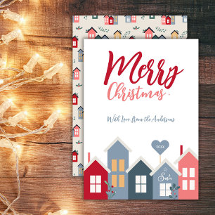 Cartão De Festividades Vila de Natal Caprichosa Vermelha e Azul