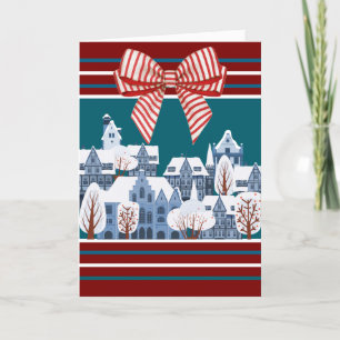 Cartão De Festividades Vila de Natal de Inverno em Aquarela com Laço