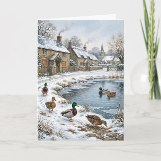 Cartão De Festividades Vila de Natal Vitoriana Lago de Inverno e Patos-re