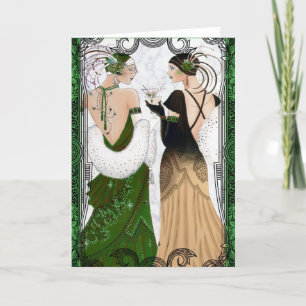 Cartão De Festividades Vintage 1920 Natal Martini Flapper Damas