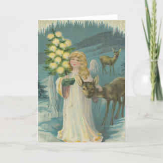 Cartão De Festividades Vintage Angel Deer Snowy Winter Woods Christmas