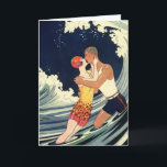 Cartão De Festividades Vintage Art Deco Natal, Love and Romance Wave<br><div class="desc">O dom do amor. O dom da paz. O dom da felicidade. Que todas estas sejam suas no Natal. Fácil de personalizar este cartão de Natal para personalizar com sua própria mensagem de feriado, ou simplesmente adicionar seus nomes. Ilustração Vintage arte deco amor e imagem romântica com um jovem casal...</div>