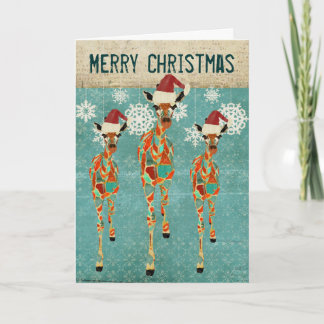 Cartão De Festividades Vintage Azure & Amber Giraffes Blue Christmas Card