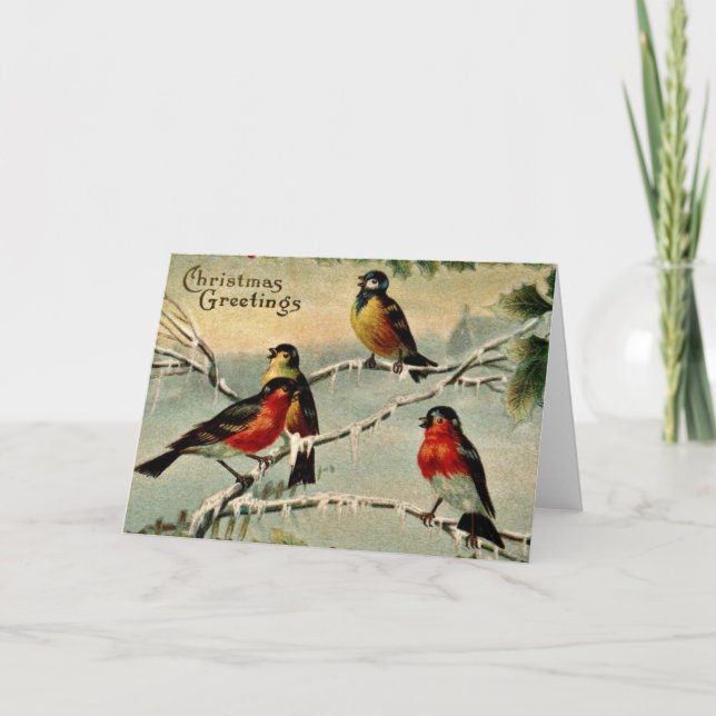Cartão De Festividades Vintage Birds Christmas (Frente)