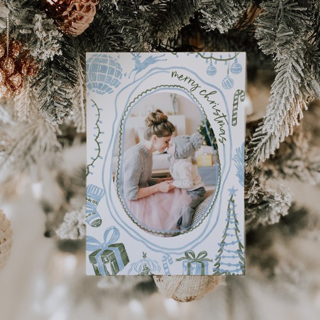 Cartão De Festividades Vintage Blue Christmas Watercolor Family Photo (Vintage Blue Hand Drawn Christmas Family Photo Card)