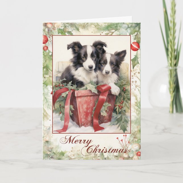 Cartão De Festividades Vintage Border Collie Christmas (Frente)