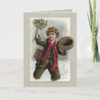 Vintage Boy na neve com feliz saudação de Natal