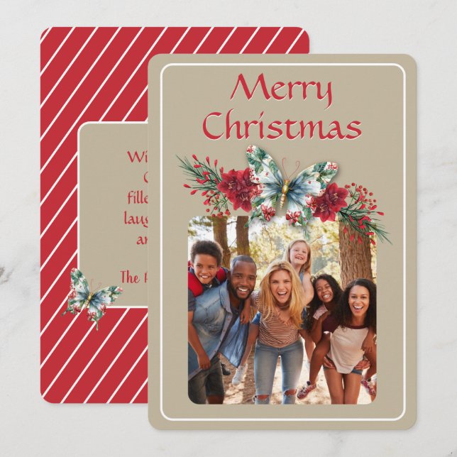 Cartão De Festividades Vintage Butterfly Poinsettia Foto (Frente/Verso)