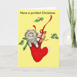 Cartão De Festividades Vintage Cat & Stocking Christmas Card