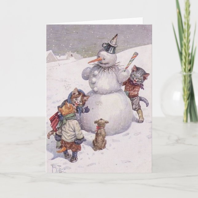 Cartão De Festividades Vintage - Cats Build Snowman, (Frente)