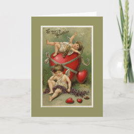 Cartão De Festividades Vintage Cherubs e Namorados Hearts Green