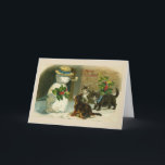 Cartão De Festividades Vintage Christmas - 3 Kittens & a Snowman,<br><div class="desc">A vintage Christmas card image features a snowy scene with three adorable kittens who have come upon a snowman. The kittens look at him as if they may have never seen a snowman and are confused but curious. The snowman wears a straw hat, has a pipe in his mouth, and...</div>