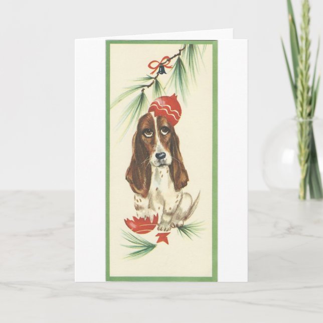Cartão De Festividades Vintage Christmas Basset Hound Card (Frente)