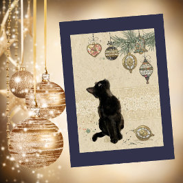 Cartão De Festividades Vintage Christmas Black Cat Looking At Ornaments