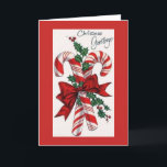 Cartão De Festividades Vintage Christmas - Candy Cane Greetings,<br><div class="desc">A vintage Christmas card image features two crossed candy canes tied together and decorated with holly and a red bow.  The front of the card says "Christmas Greetings" and the message inside the card is: "The magic of Christmas never ends,  and its greatest gifts are family and friends."</div>