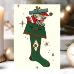 Cartão De Festividades Vintage Christmas Cat In Stocking<br><div class="desc">Vintage Christmas Cat In Stocking Holiday Card. This design features a vintage cat design inside of a stocking. What a beautiful retro holiday scene. Personalize this custom design with your own inside greeting.</div>