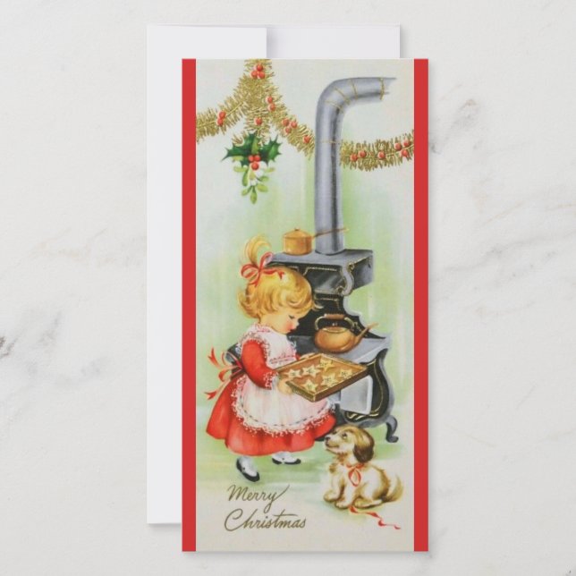Cartão De Festividades Vintage Christmas Girl Baking Cookies (Frente)
