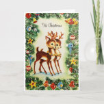 Cartão De Festividades Vintage Christmas Reindeer,<br><div class="desc">A vintage Christmas card image features two cute little reindeer surrounded by a border garland of pine decorated with bells,  stars and ornaments.  The front of the card says,  "It's Christmas" and the message inside the card is: "Wishing you a Christmas day that’s full of joy in every way."</div>