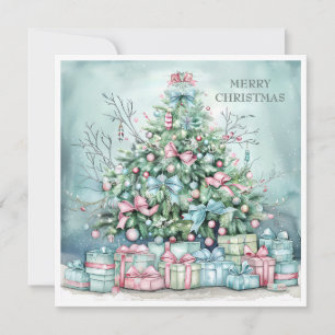 Cartão De Festividades Vintage Christmas Tree Presents Blue Pink