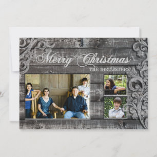 Cartão De Festividades Vintage Cinza Wood Three Photo Holiday Card