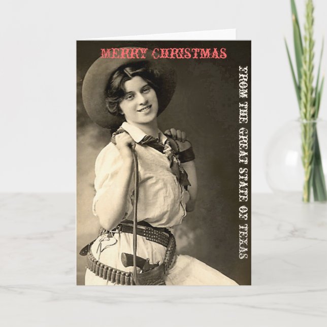 Cartão De Festividades Vintage Cowgirl Texas Feliz Natal (Frente)